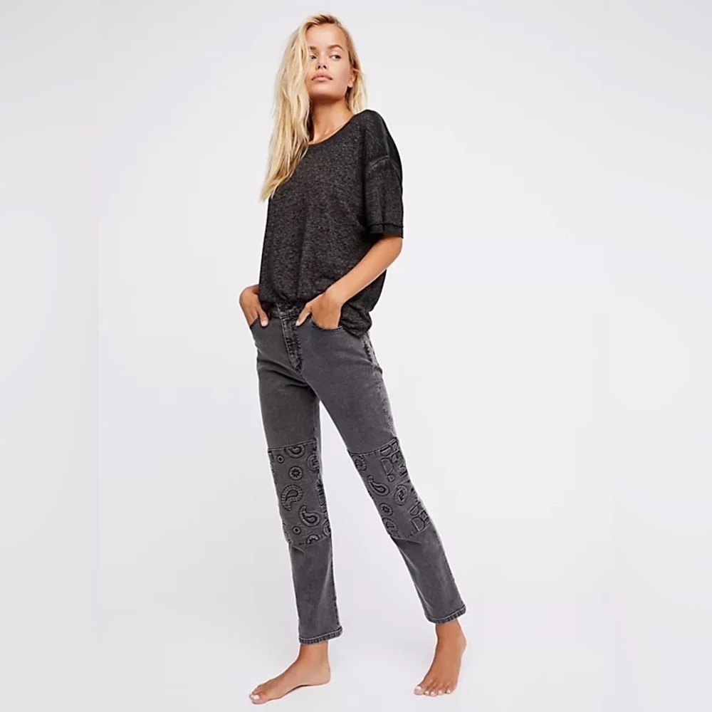 Free People Alyssa Less Patti Black Paisley Straight Leg Jeans Womens 26